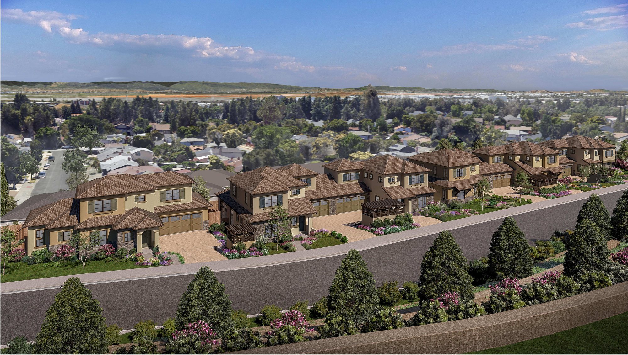 Architectural rendering of Warren Place from the south east: six two-storey homes
           in a row along a private street, with the Fremont hills behind.