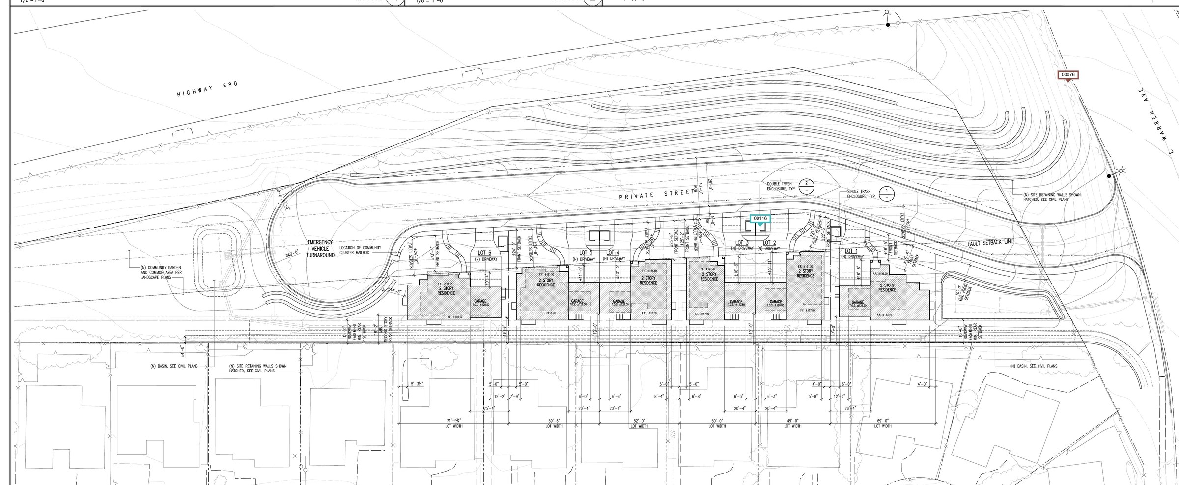 Partial site plan for Warren Place: six lots in a row along a private street, with
           the fault setback line to the east and an emergency vehicle turnaround at the west
           end.